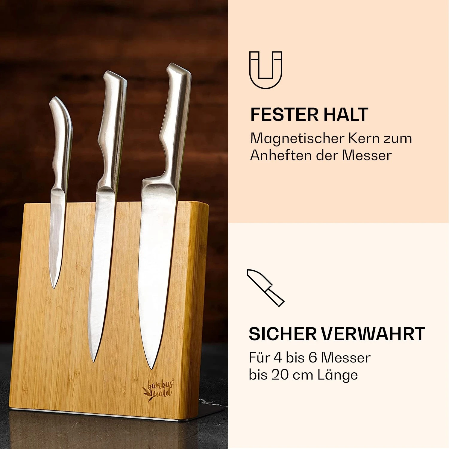 Messerblock Schräg, Magnetisch, Für 4-6 Messer, Bambus, Edelstahl 5 Messerblock Schräg, Magnetisch, Für 4-6 Messer, Bambus, Edelstahl – Bild 3
