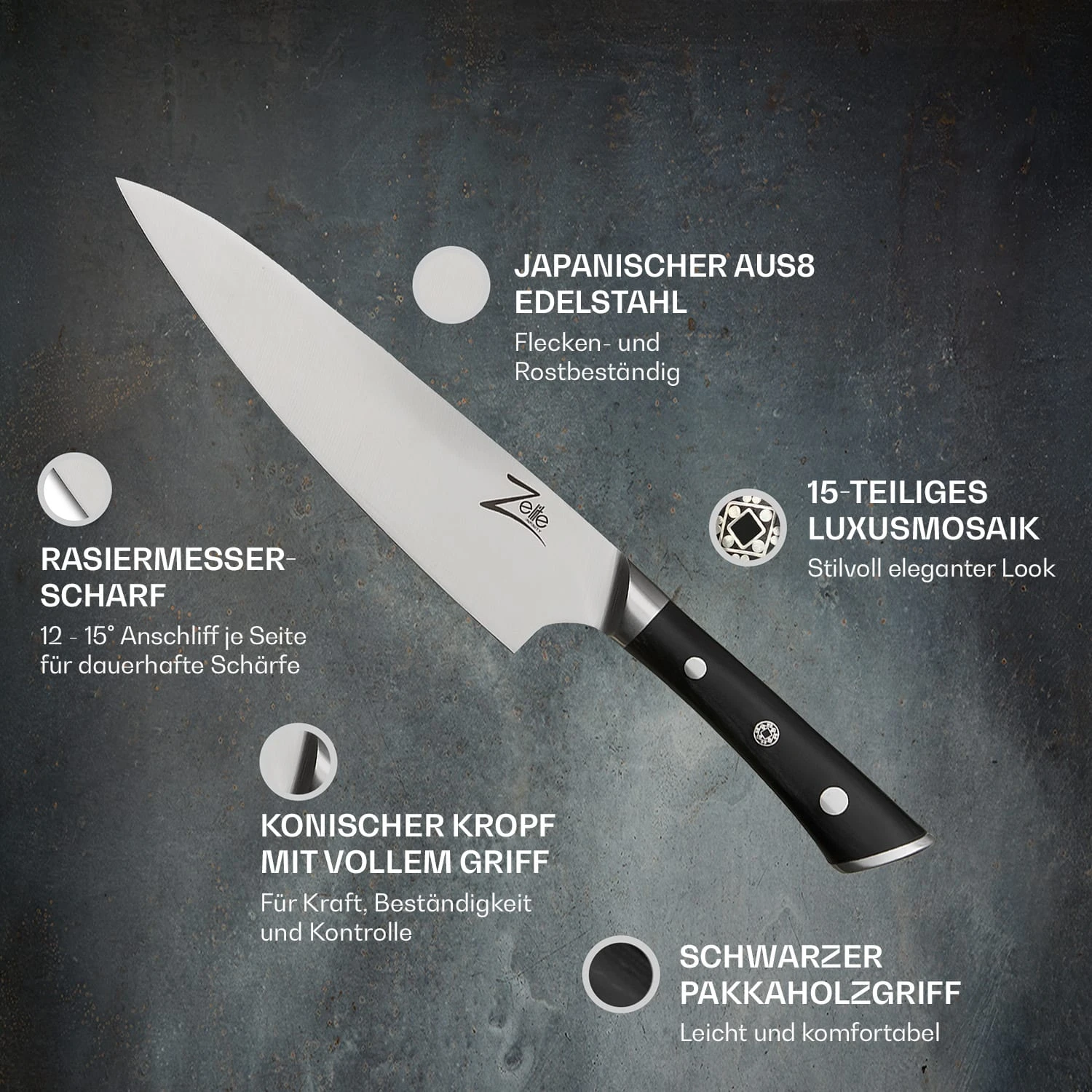 Razor-Edge Serie 8" Kochmesser 59 HRC Edelstahl 4 Razor-Edge Serie 8" Kochmesser 59 HRC Edelstahl – Bild 2