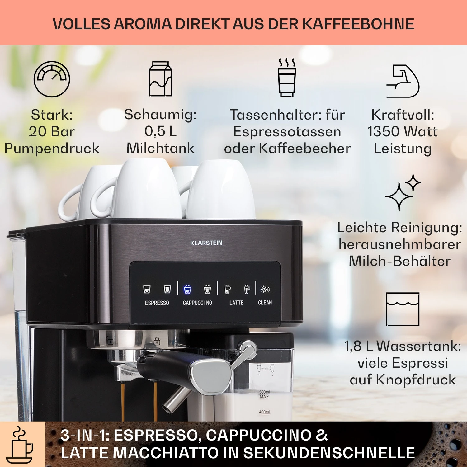 Arabica Comfort Espressomaschine 1350W 20 Bar 1,8l Touch-Bedienfeld 4 Arabica Comfort Espressomaschine 1350W 20 Bar 1,8l Touch-Bedienfeld – Bild 2